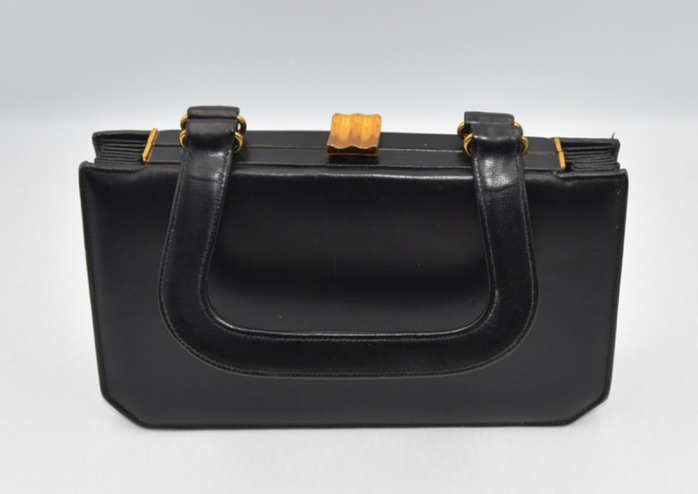 1950s Golden Age Classic Black Leather Accordion Handbag By Frank Milch